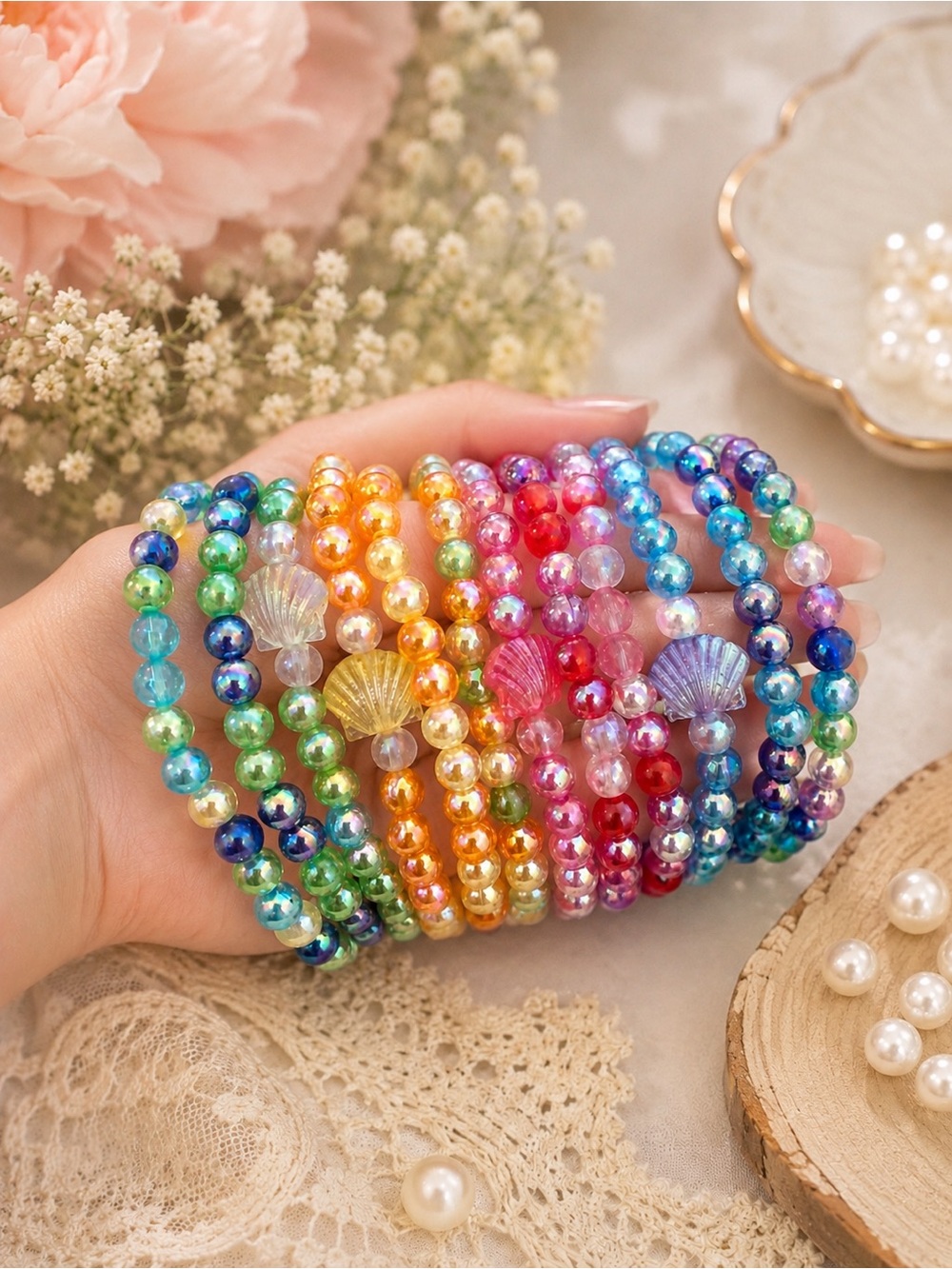 Handmade Rainbow Bead Stretch Bracelets with Shell Charm